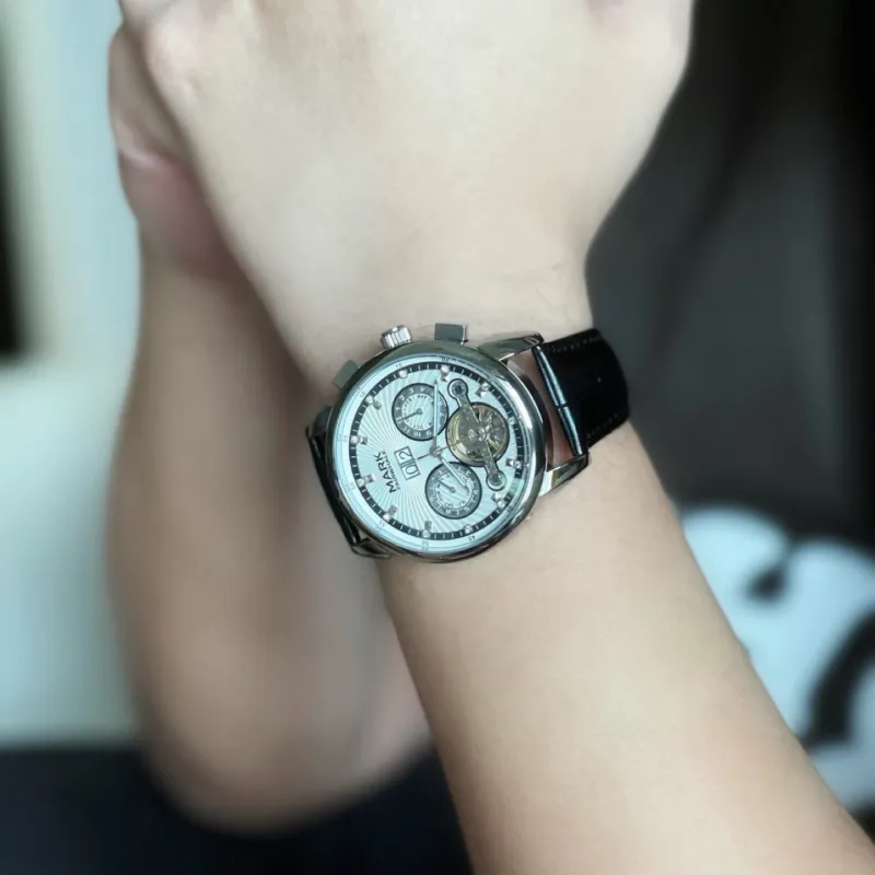 FAIRWHALE Men's Watch Mechanical Movement Genuine Leather Strap Watch Men's Watches White Dial-3