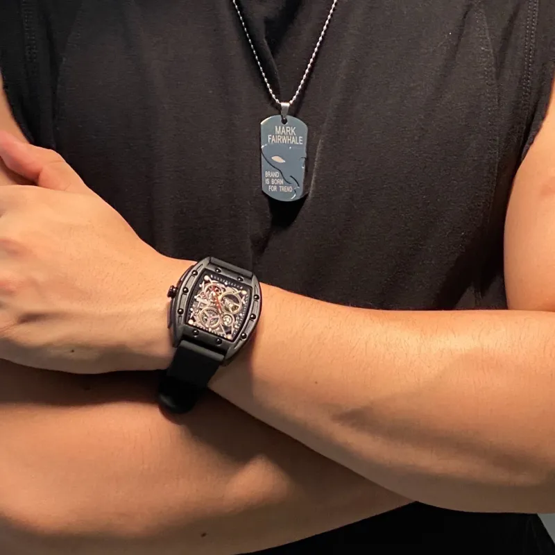 FAIRWHALE Pioneer Collection Black Men's Watch Automatic Mechanical Movement Silicone Strap Watch Unisex Cut Out Dial-26
