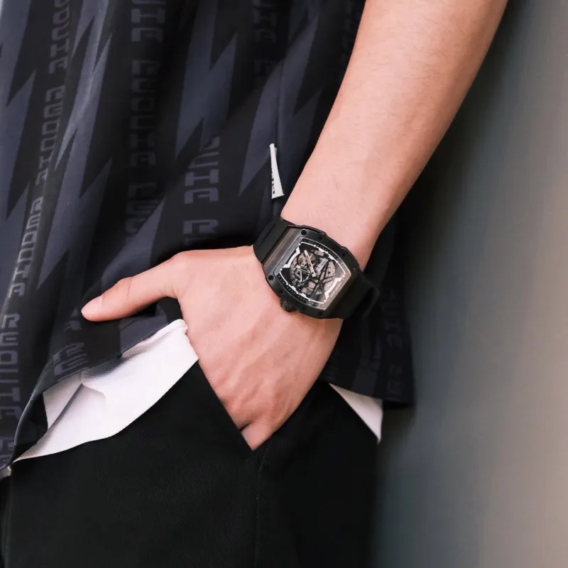 BONEST GATTI Phantom Speed Collection Mini Barrel Watch Mechanical Movement Rubber Strap Watch Unisex White Dial-15