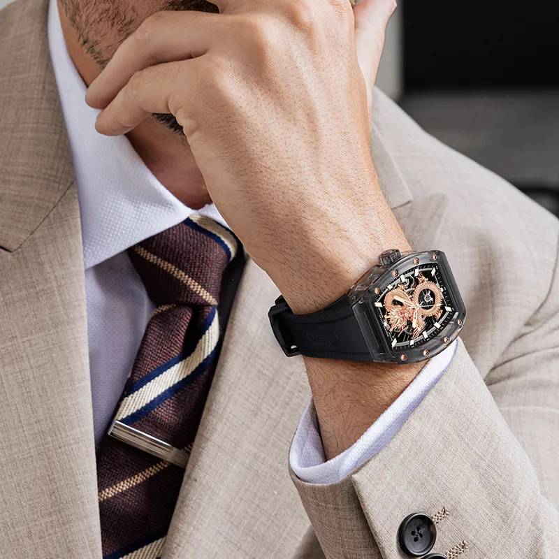 BONEST GATTI Automatic Mechanical Movement Rubber Strap Watch Men's Watches Black Dial-14