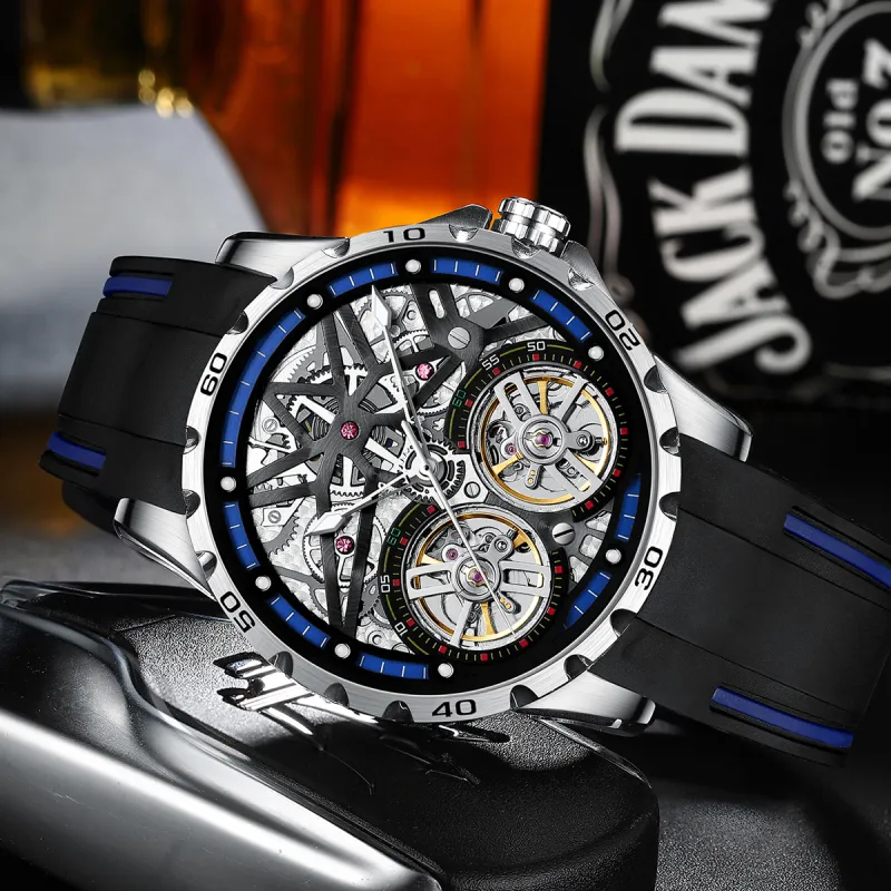 FAIRWHALE Automatic Mechanical Movement Rubber Strap Watch Unisex Cut Out Dial-9