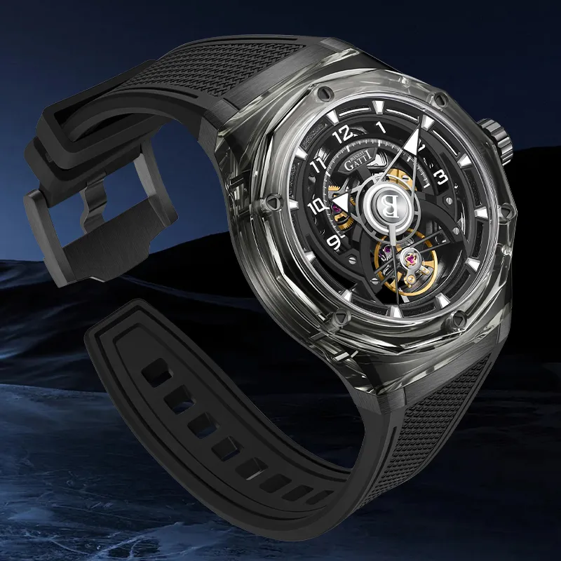 BONEST GATTI Automatic Mechanical Movement Rubber Strap Watch Men's Watches Black Dial-3