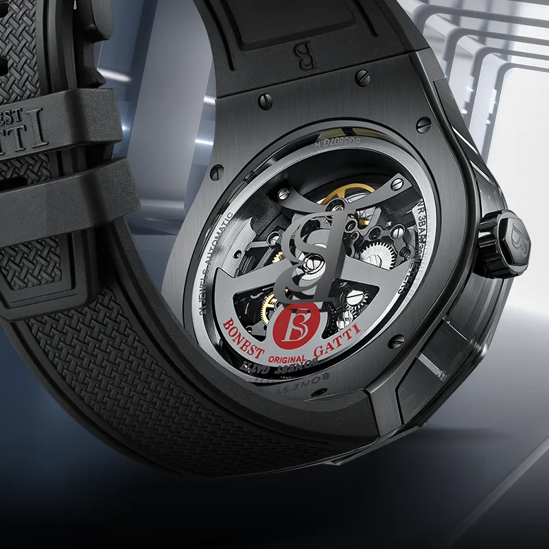 BONEST GATTI Automatic Mechanical Movement Rubber Strap Watch Men's Watches Black Dial-3