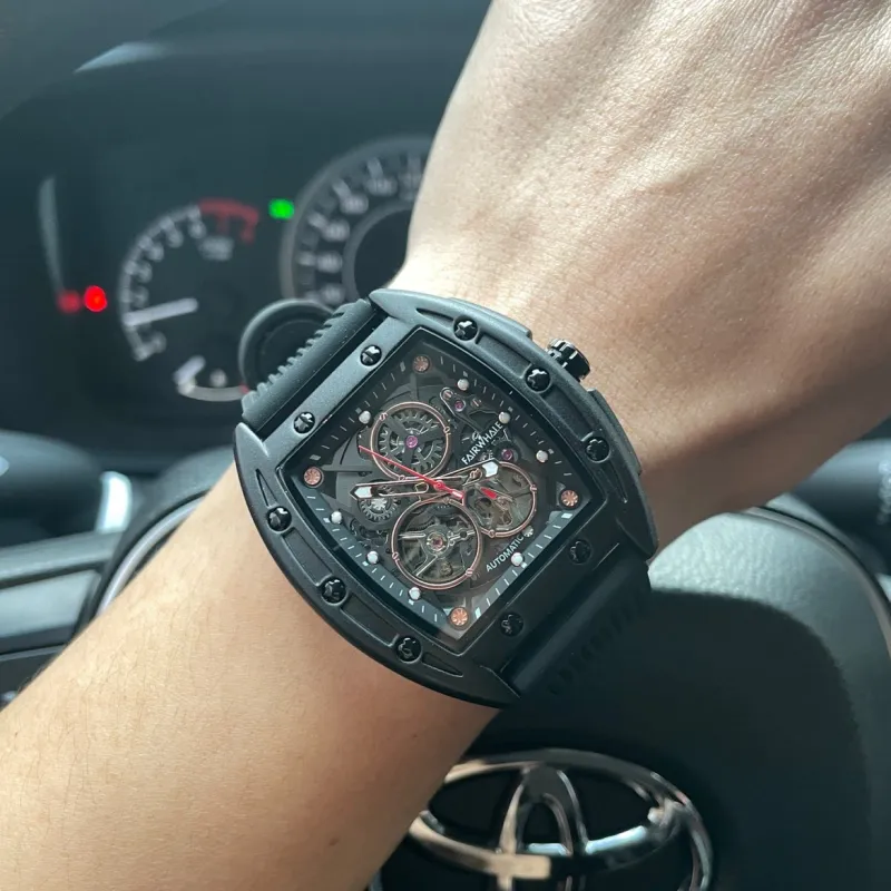 FAIRWHALE Pioneer Collection Black Men's Watch Automatic Mechanical Movement Silicone Strap Watch Unisex Cut Out Dial-5