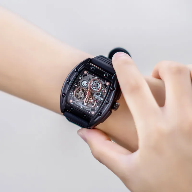 FAIRWHALE Pioneer Collection Black Men's Watch Automatic Mechanical Movement Silicone Strap Watch Unisex Cut Out Dial-15