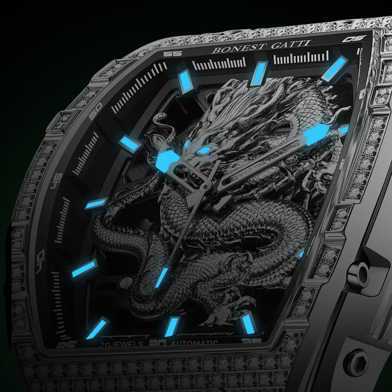 BONEST GATTI Automatic Mechanical Movement Rubber Strap Men's Watches Cut Out Dial-28