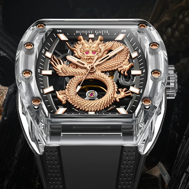 BONEST GATTI Automatic Mechanical Movement Rubber Strap Watch Men's Watches Black Dial-16