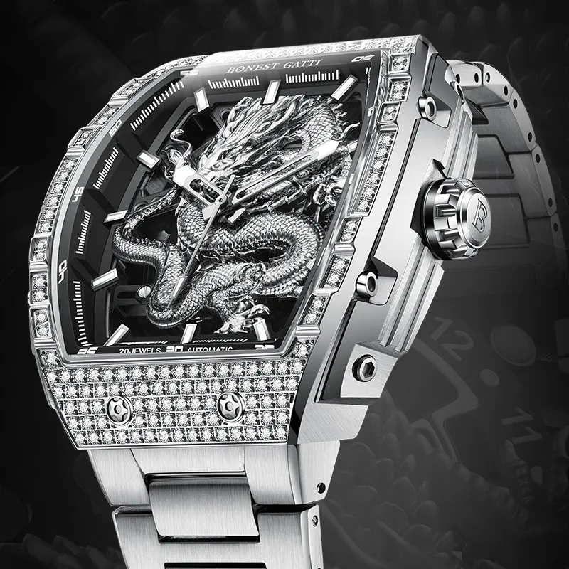 BONEST GATTI Automatic Mechanical Movement Rubber Strap Men's Watches Cut Out Dial-23