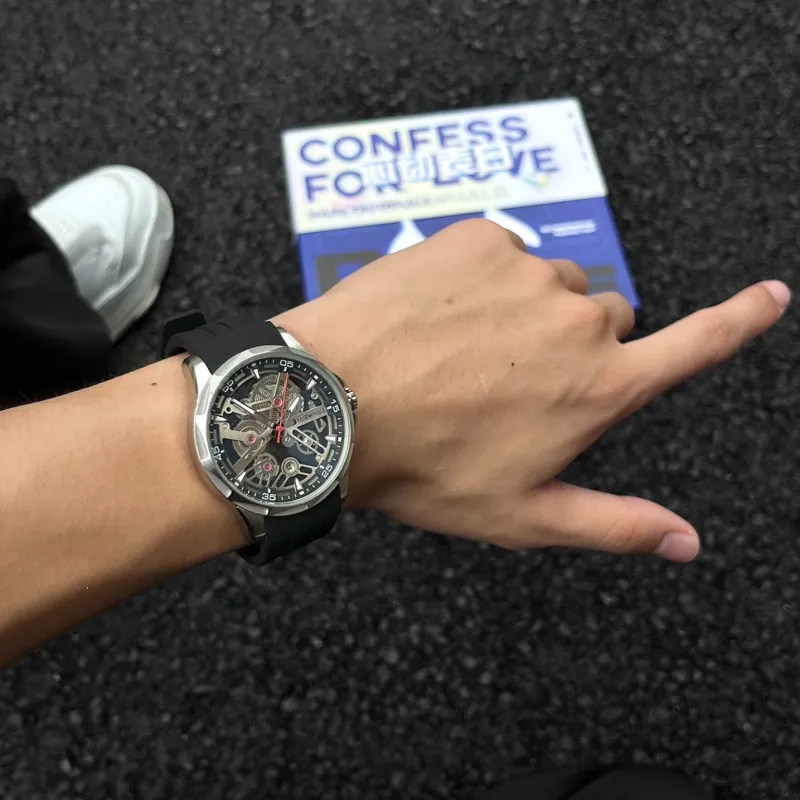 FAIRWHALE Starlight Collection Men's Watch Automatic Mechanical Movement Silicone Strap Watch Men's Watches Black Dial-6