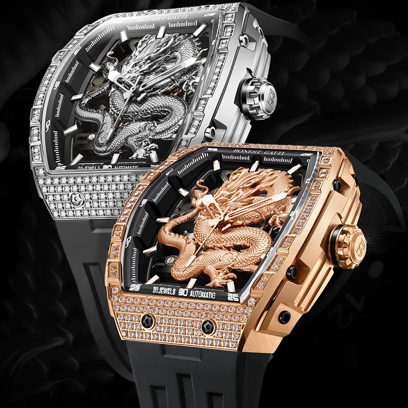 BONEST GATTI Automatic Mechanical Movement Rubber Strap Men's Watches Cut Out Dial-13