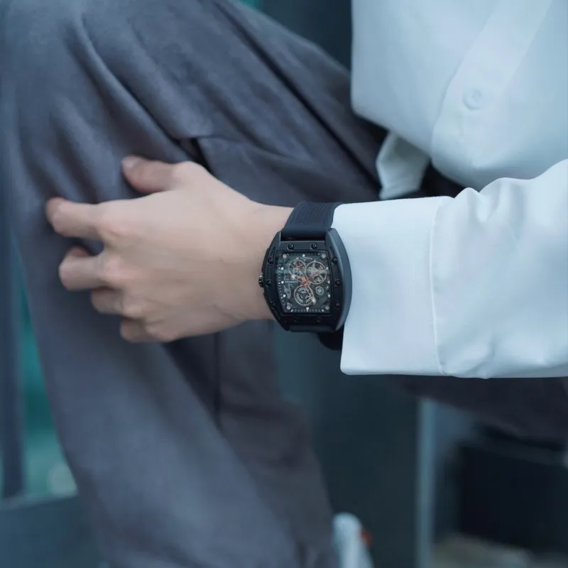FAIRWHALE Pioneer Collection Black Men's Watch Automatic Mechanical Movement Silicone Strap Watch Unisex Cut Out Dial-34