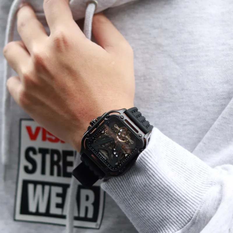FAIRWHALE Pioneer Collection Men's Watch Automatic Mechanical Movement Silicone Strap Watch Unisex Black Dial-7