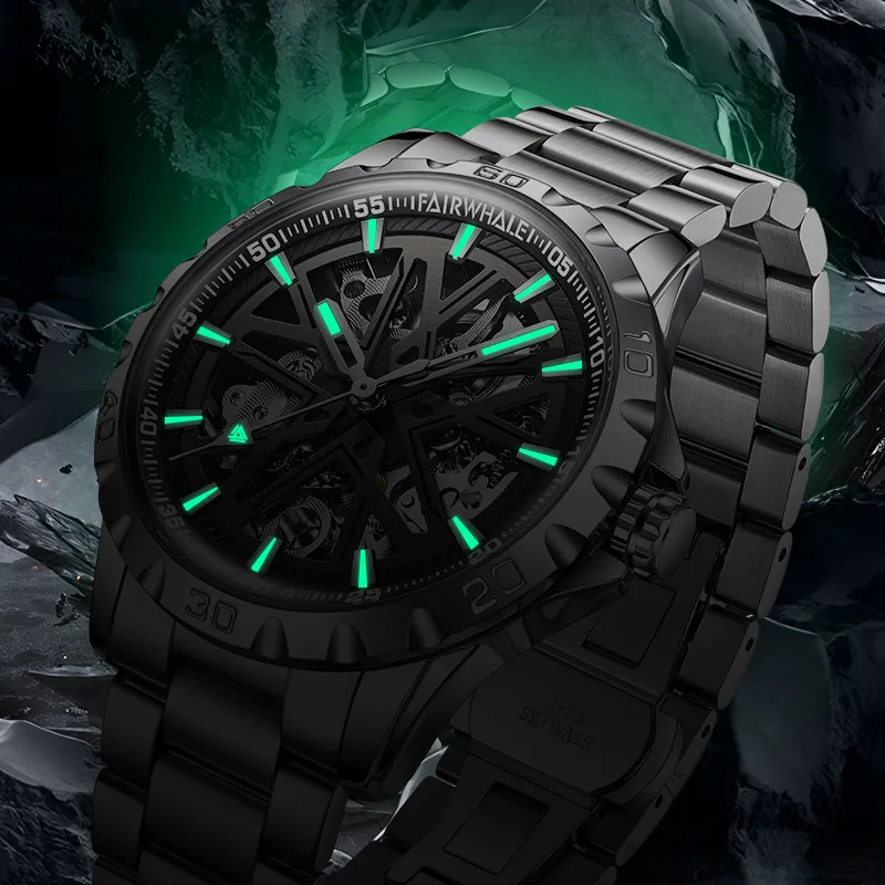 FAIRWHALE Mechanical Movement Metal Strap Watch Men's Watches Black Dial-4