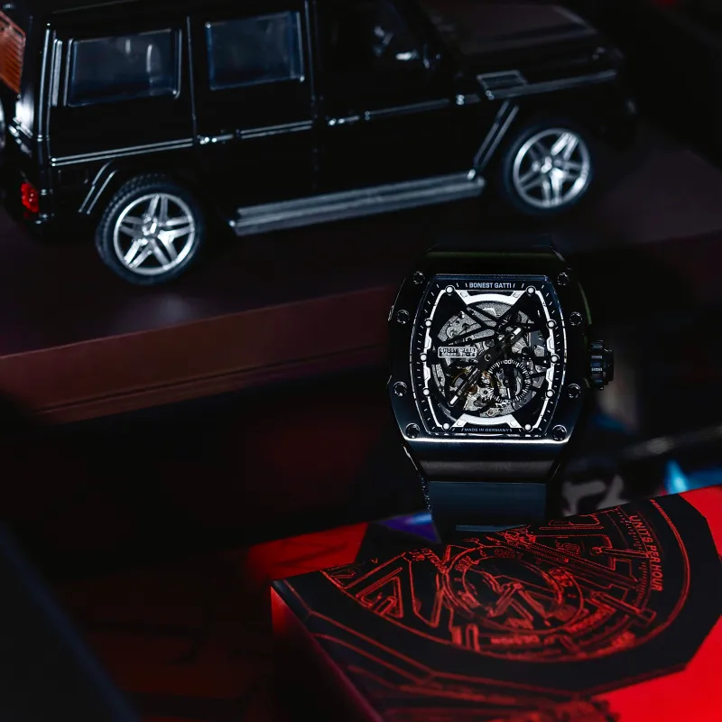 BONEST GATTI Phantom Speed Collection Mini Barrel Watch Mechanical Movement Rubber Strap Watch Unisex White Dial-8
