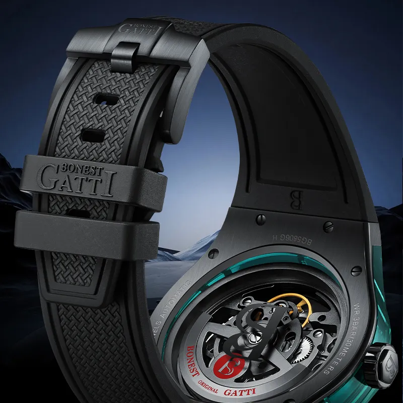 BONEST GATTI Automatic Mechanical Movement Rubber Strap Watch Men's Watches Black Dial-11