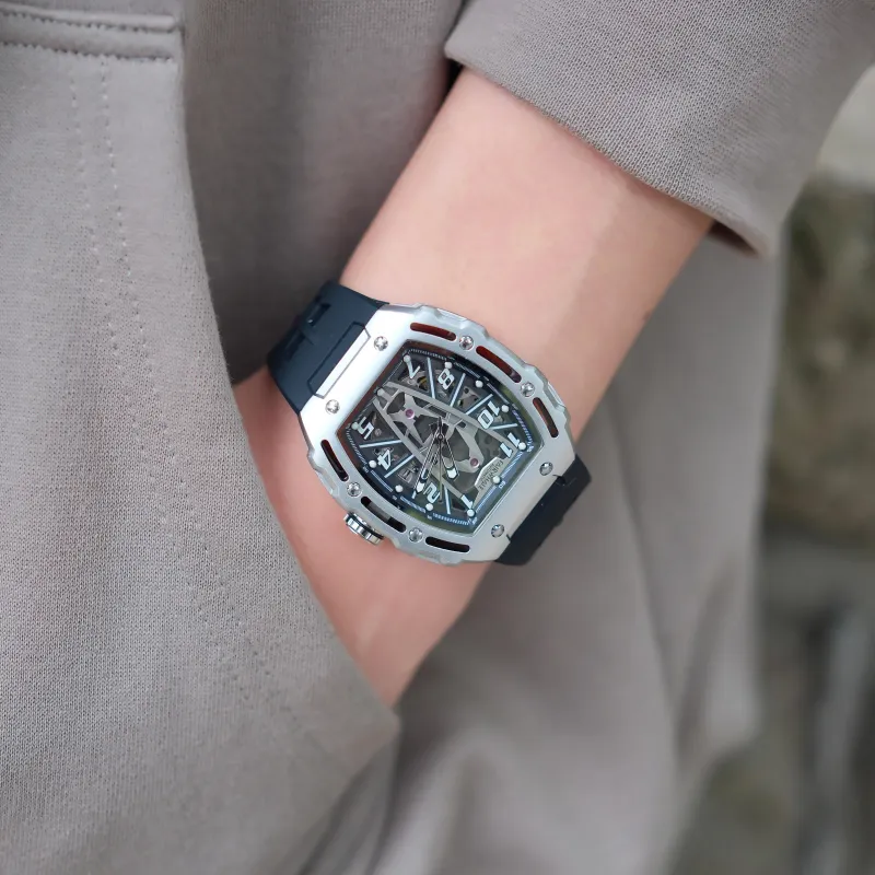 FAIRWHALE Starlight Collection Men's Watch Mechanical Movement Silicone Strap Watch Men's Watches Black Dial-5
