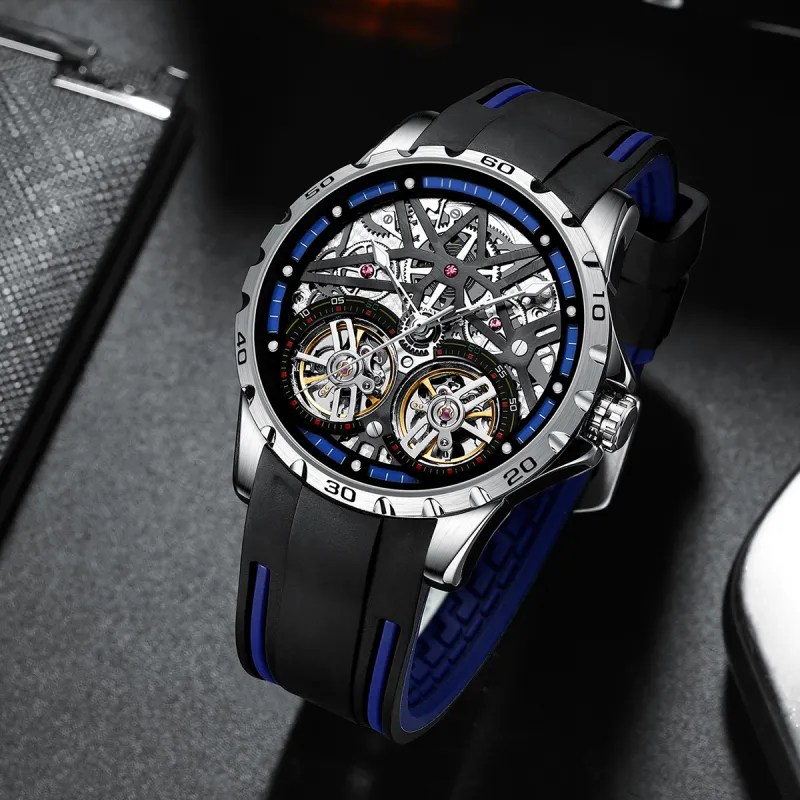 FAIRWHALE Automatic Mechanical Movement Rubber Strap Watch Unisex Cut Out Dial-7