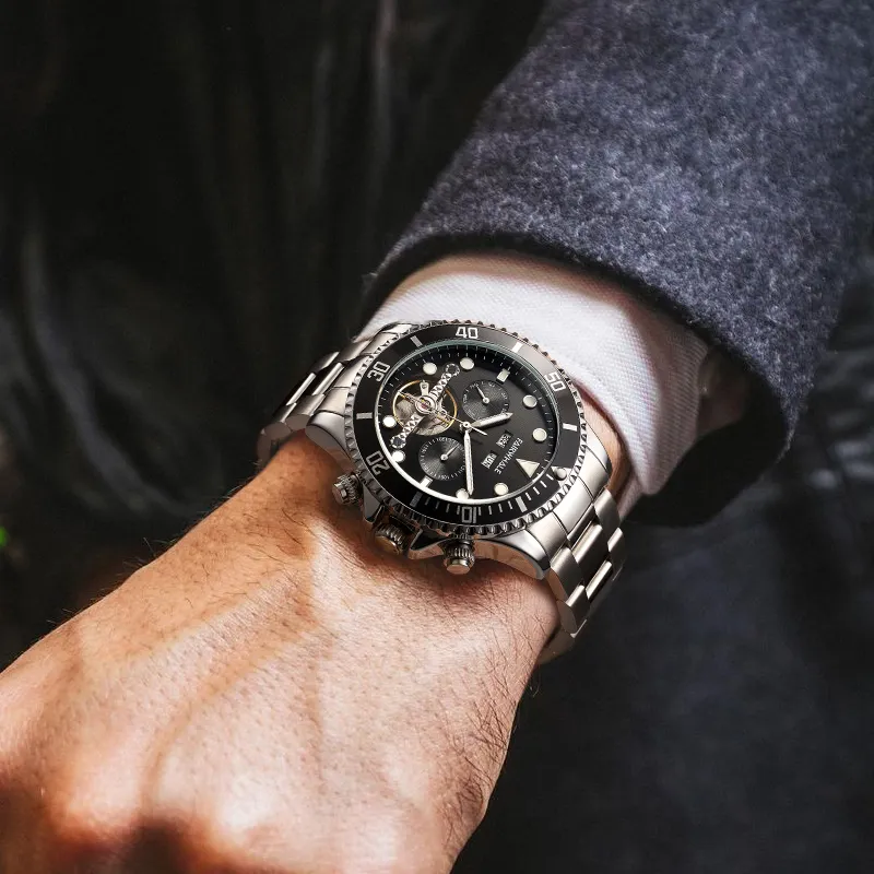 FAIRWHALE Mechanical Movement Metal Strap Watch Men's Watches Black Dial-1