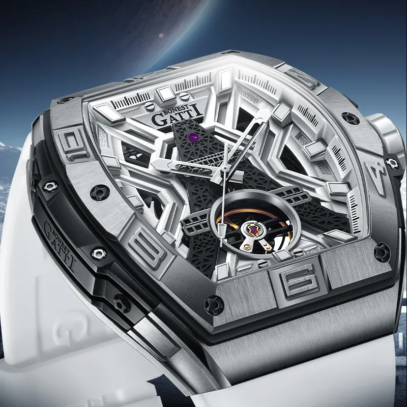 BONEST GATTI Automatic Mechanical Movement Rubber Strap Watch Men's Watches White Dial-4