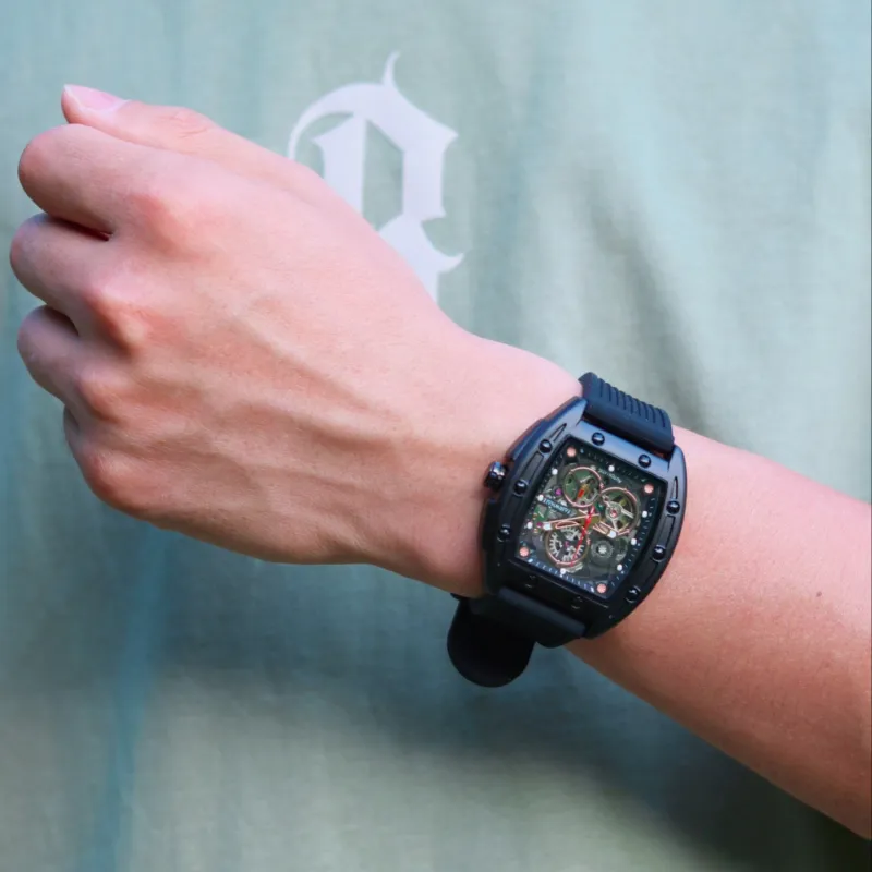 FAIRWHALE Pioneer Collection Black Men's Watch Automatic Mechanical Movement Silicone Strap Watch Unisex Cut Out Dial-24