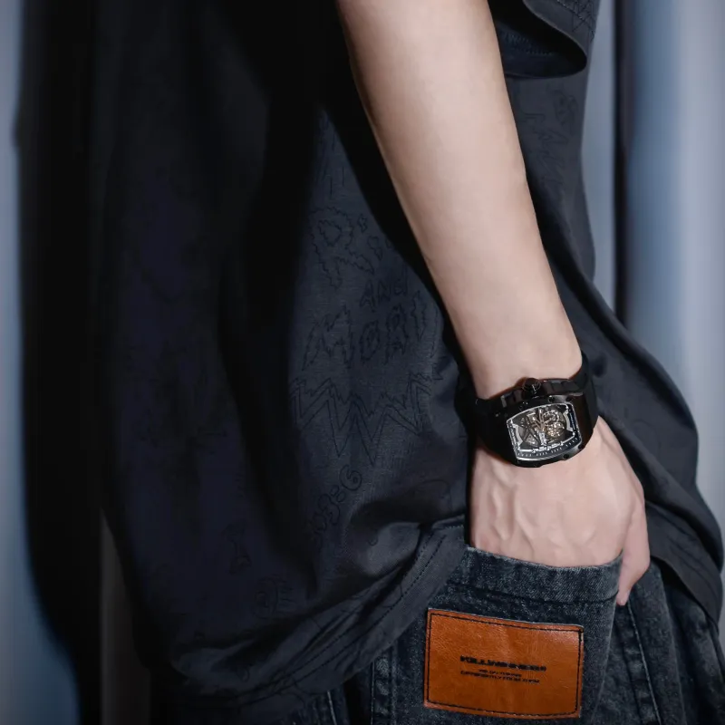 BONEST GATTI Phantom Speed Collection Mini Barrel Watch Mechanical Movement Rubber Strap Watch Unisex White Dial-9