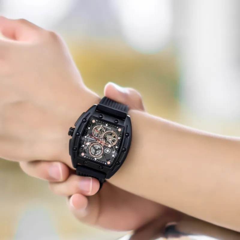 FAIRWHALE Pioneer Collection Black Men's Watch Automatic Mechanical Movement Silicone Strap Watch Unisex Cut Out Dial-32