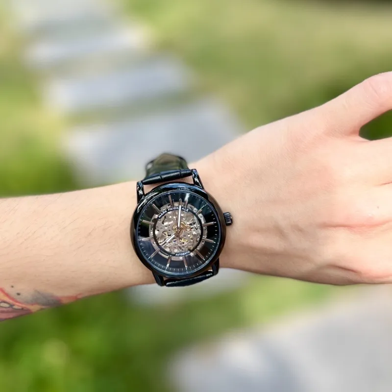 FAIRWHALE Starlight Collection Automatic Mechanical Movement Genuine Leather Strap Watch Men's Watches Black Dial-8