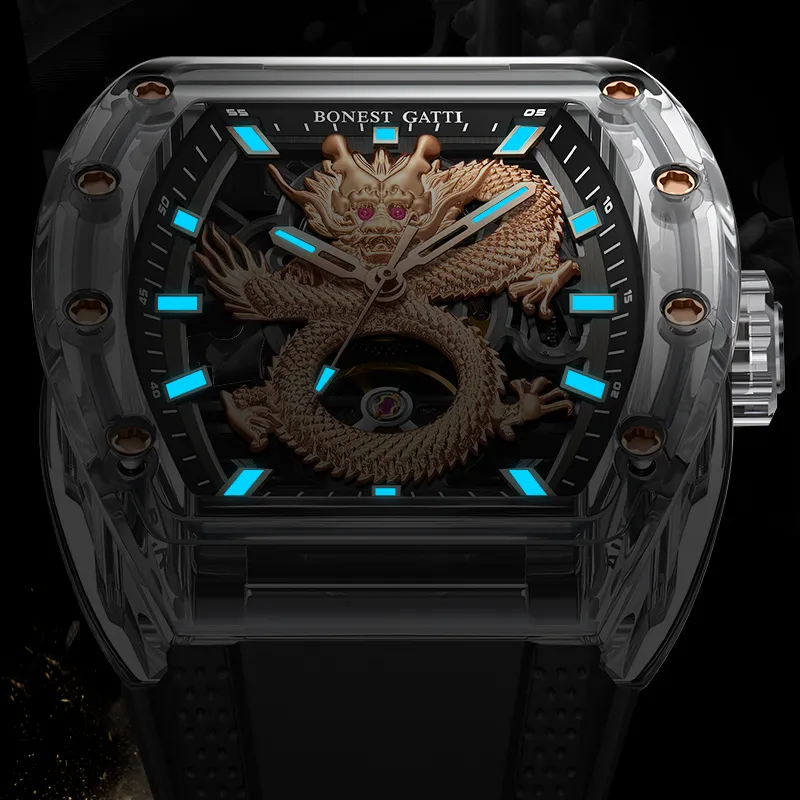 BONEST GATTI Automatic Mechanical Movement Rubber Strap Watch Men's Watches Black Dial-18