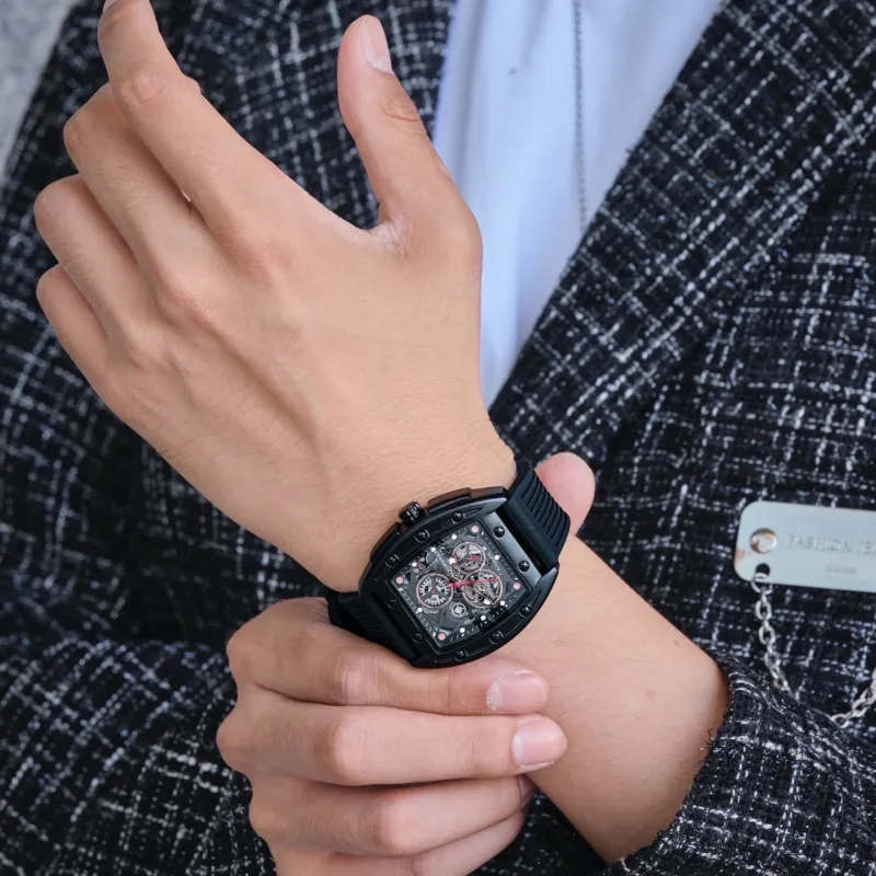 FAIRWHALE Pioneer Collection Black Men's Watch Automatic Mechanical Movement Silicone Strap Watch Unisex Cut Out Dial-30