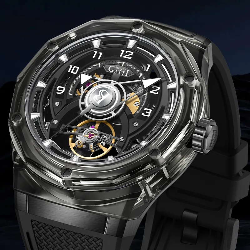 BONEST GATTI Automatic Mechanical Movement Rubber Strap Watch Men's Watches Black Dial-4