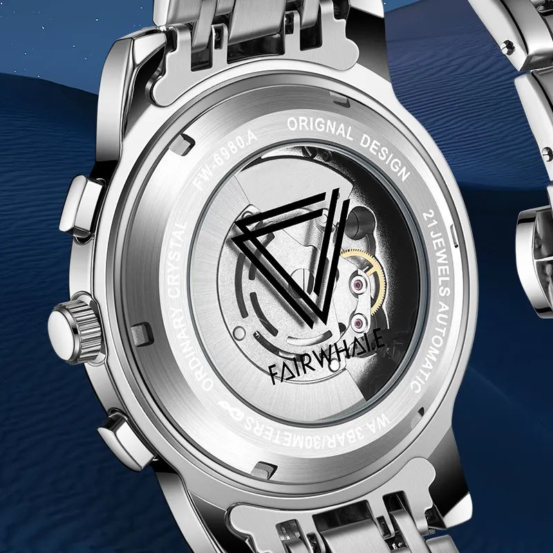 FAIRWHALE Automatic Mechanical Movement Metal Strap Watch Men's Watches White Dial-2