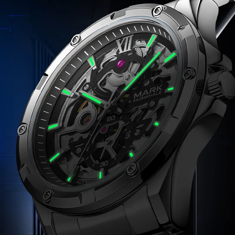 FAIRWHALE Automatic Mechanical Movement Metal Strap Watch Unisex Black Dial-3