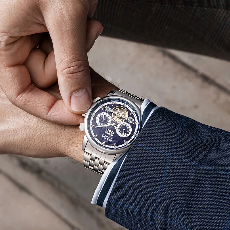 FAIRWHALE Men's Watch Mechanical Movement Metal Strap Watch Men's Watches Blue Dial-1