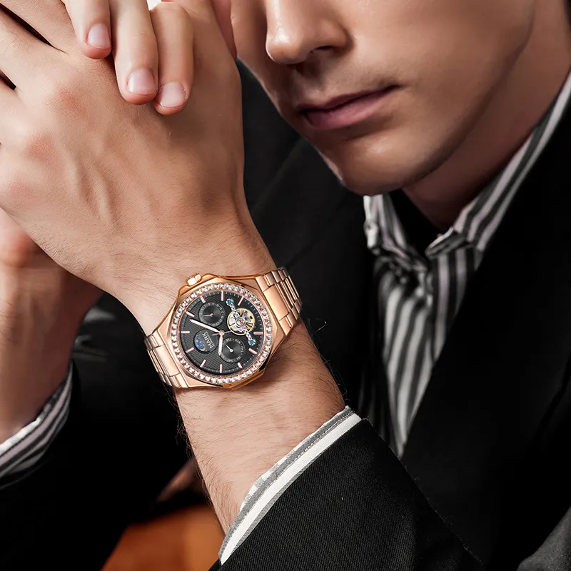 FAIRWHALE Automatic Mechanical Movement Metal Strap Watch Men's Watches Black Dial-7