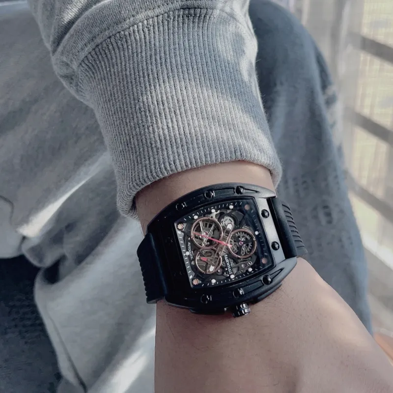 FAIRWHALE Pioneer Collection Black Men's Watch Automatic Mechanical Movement Silicone Strap Watch Unisex Cut Out Dial-4