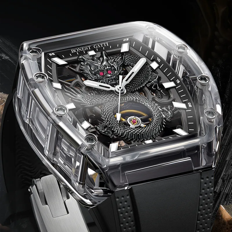 BONEST GATTI Automatic Mechanical Movement Rubber Strap Watch Men's Watches Black Dial-10
