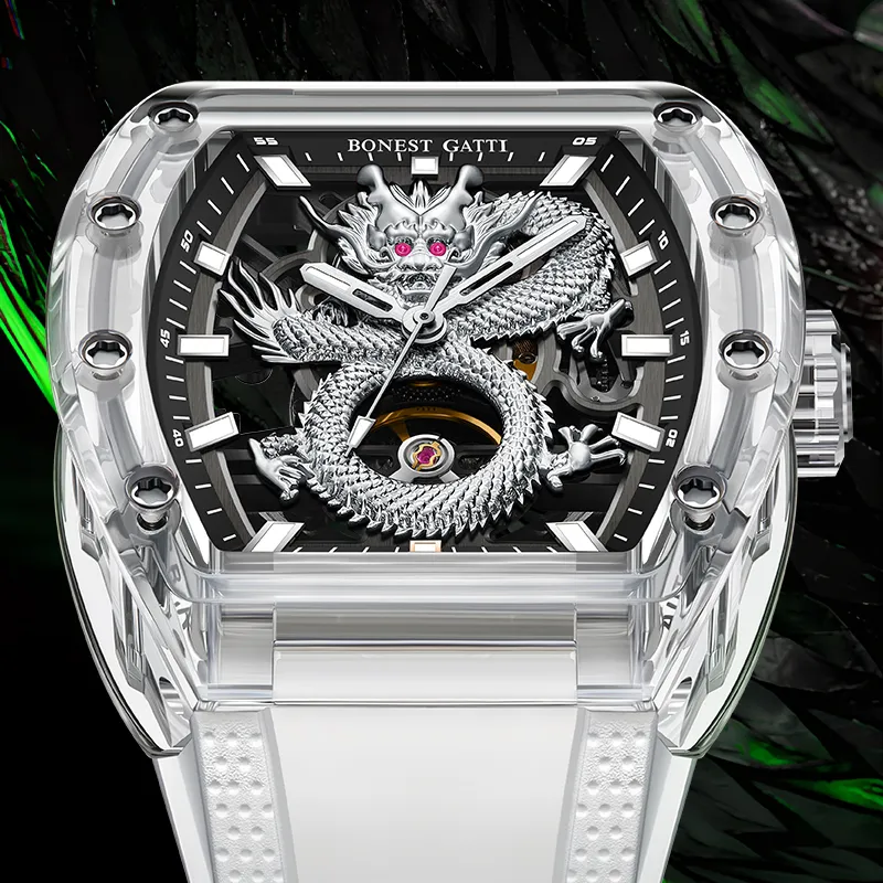 BONEST GATTI Automatic Mechanical Movement Rubber Strap Watch Men's Watches Black Dial-2