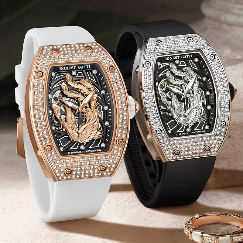 BONEST GATTI Automatic Mechanical Movement Rubber Strap Women's Watch Black Dial-1
