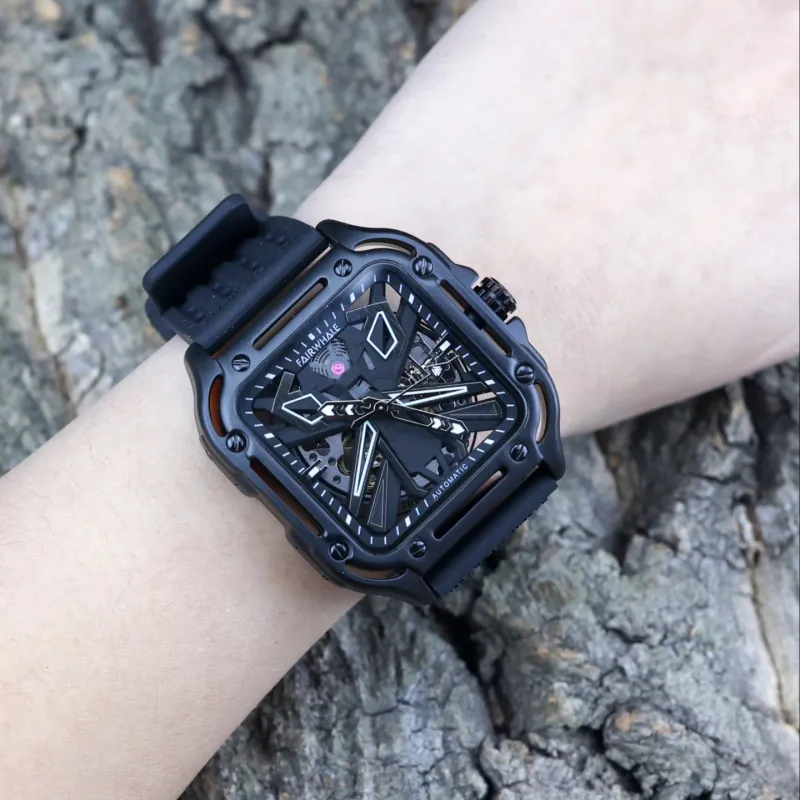 FAIRWHALE Pioneer Collection Men's Watch Automatic Mechanical Movement Silicone Strap Watch Unisex Black Dial-1