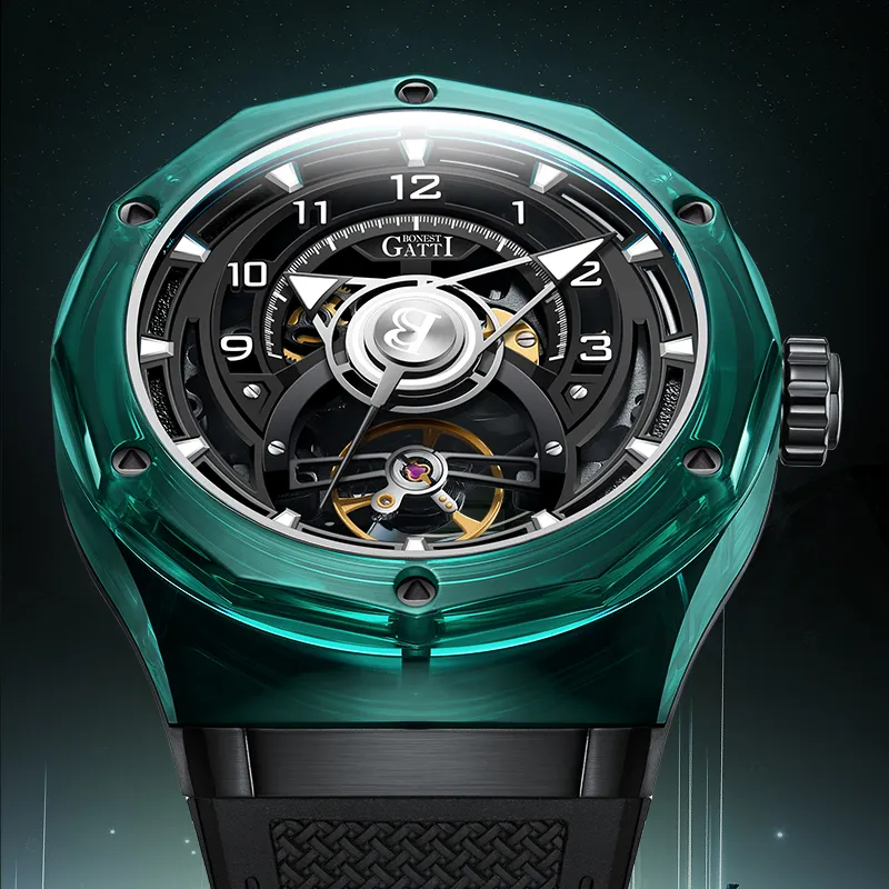 BONEST GATTI Automatic Mechanical Movement Rubber Strap Watch Men's Watches Black Dial-10