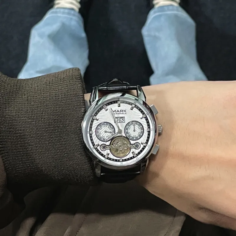 FAIRWHALE Men's Watch Mechanical Movement Genuine Leather Strap Watch Men's Watches White Dial-1