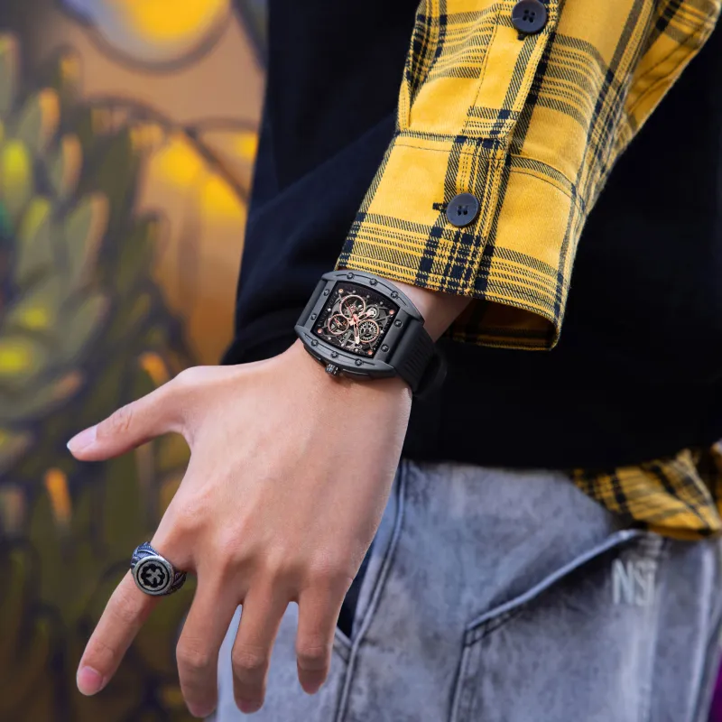 FAIRWHALE Pioneer Collection Black Men's Watch Automatic Mechanical Movement Silicone Strap Watch Unisex Cut Out Dial-10