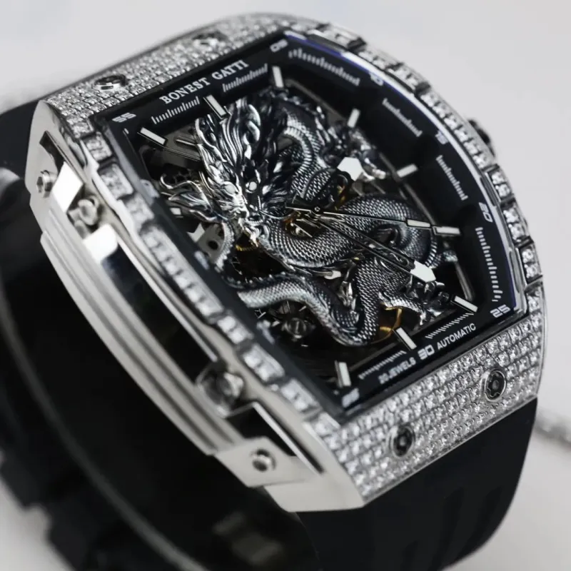 BONEST GATTI Automatic Mechanical Movement Rubber Strap Men's Watches Cut Out Dial-8