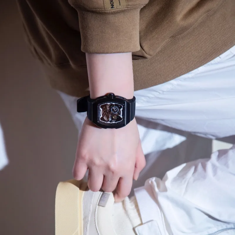 BONEST GATTI Phantom Speed Collection Mini Barrel Watch Mechanical Movement Rubber Strap Watch Unisex White Dial-12