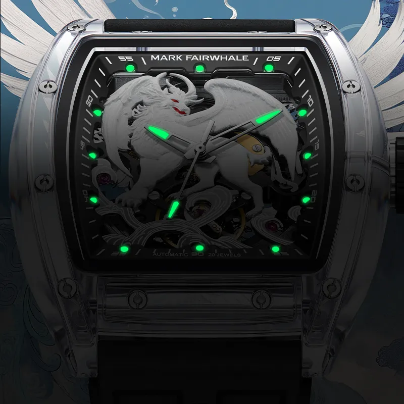 FAIRWHALE Shan Hai Jing Series Automatic Mechanical Movement Rubber Strap Watch Men's Watches Cut Out Dial-2