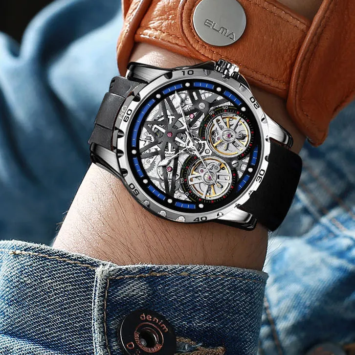FAIRWHALE Automatic Mechanical Movement Rubber Strap Watch Unisex Cut Out Dial-2