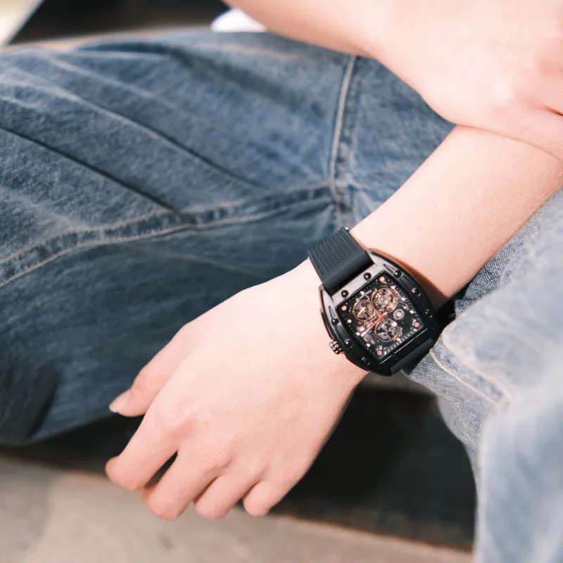 FAIRWHALE Pioneer Collection Black Men's Watch Automatic Mechanical Movement Silicone Strap Watch Unisex Cut Out Dial-21