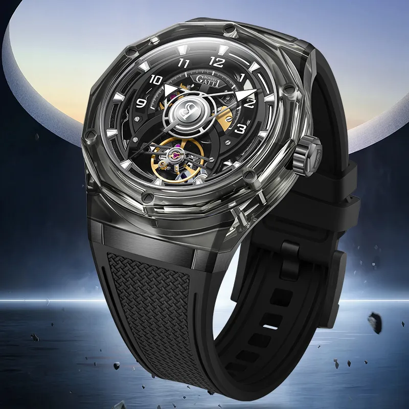 BONEST GATTI Automatic Mechanical Movement Rubber Strap Watch Men's Watches Black Dial-2