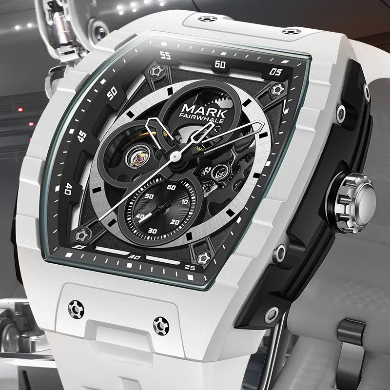 FAIRWHALE Automatic Mechanical Movement Rubber Strap Watch Men's Watches White Dial-4
