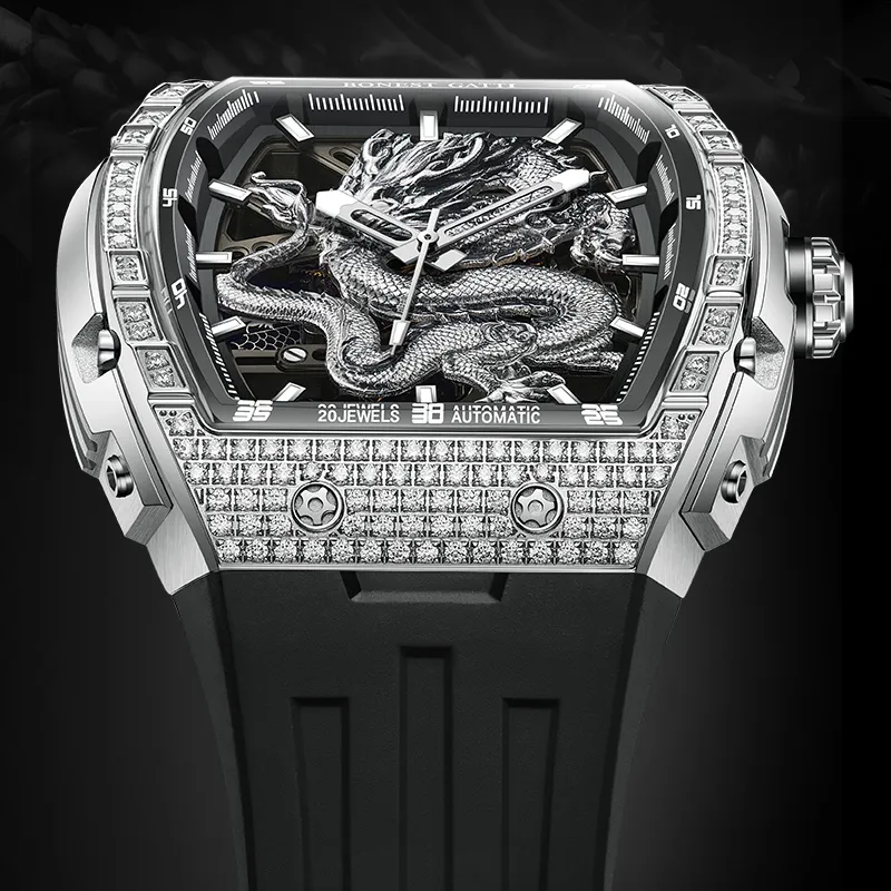BONEST GATTI Automatic Mechanical Movement Rubber Strap Men's Watches Cut Out Dial-4